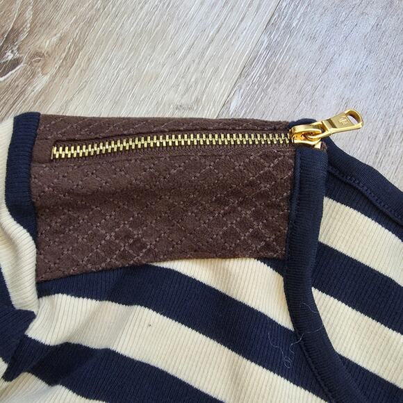 Lauren | Ralph Lauren Blue Cream Striped Long Sleeve sz Small Leather Shoulder - Picture 4 of 5